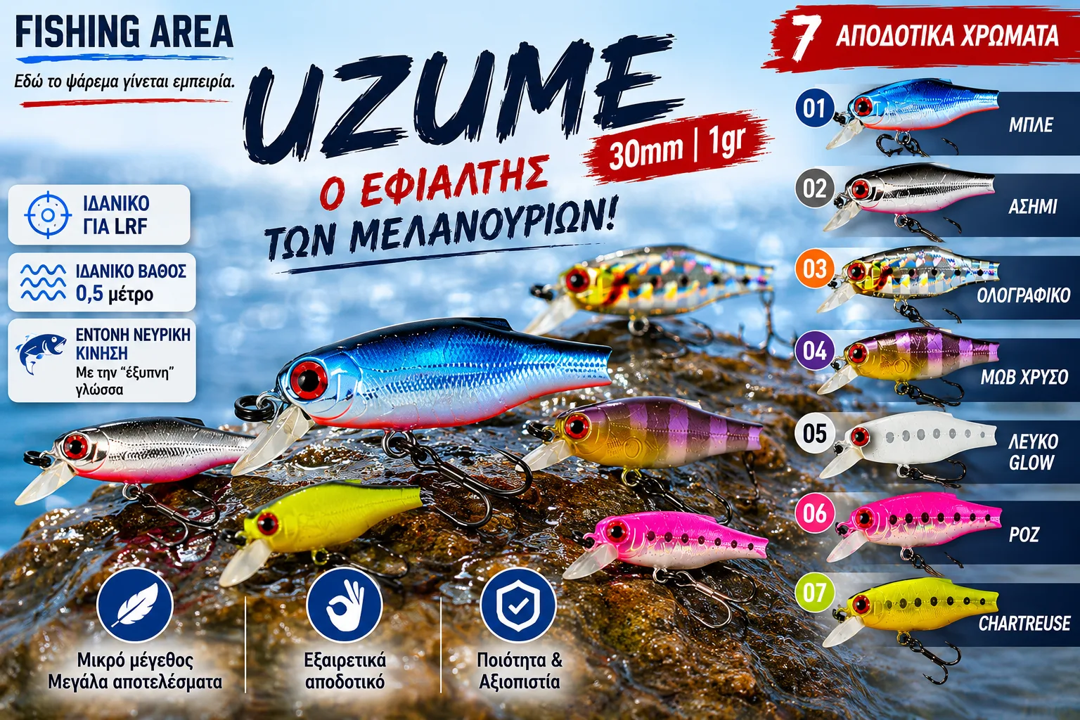 UZUME 30mm 1g mini hard bait LRF για ζαργάνες και μελανούρια